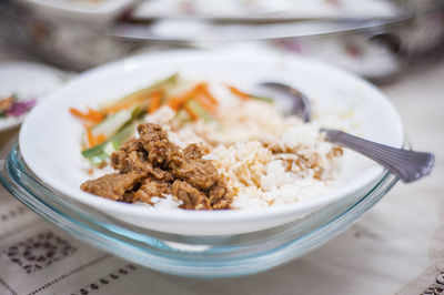 High angle view of food in plate on table