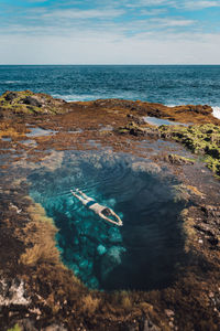 High angle view of man swimming in pond against sky