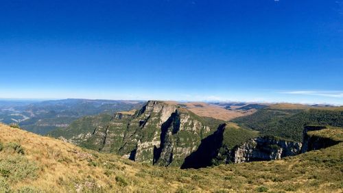 Panoramic view of landscape against clear blue sky