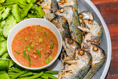 High angle view of fish served in bowl