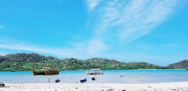 Scenic view of beach against blue sky