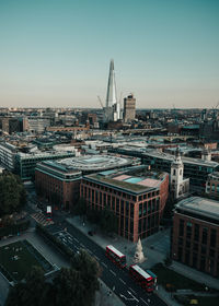 High angle view of buildings against clear sky