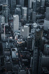 High angle view of modern buildings in city