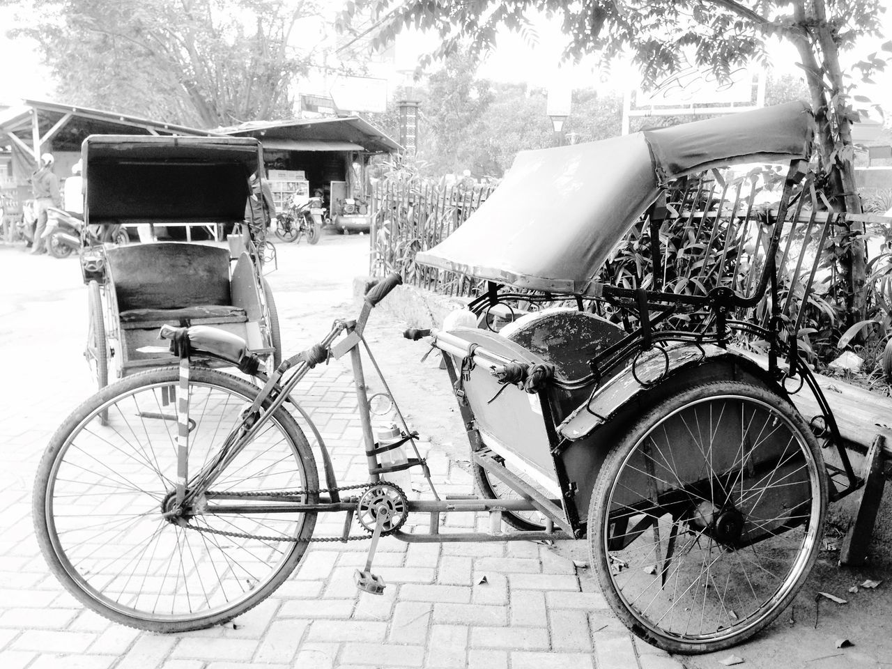 bicycle, mode of transport, transportation, land vehicle, stationary, parked, parking, building exterior, built structure, wheel, architecture, tree, cycle, travel, day, leaning, outdoors, street, house, cart