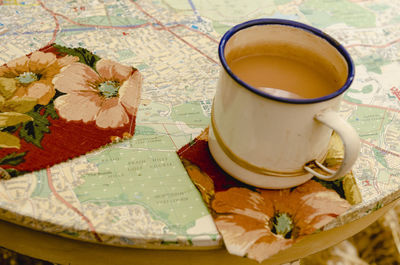 High angle view of coffee cup on table