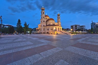 The resurrection of christ cathedral of korca and the square without people at dawn
