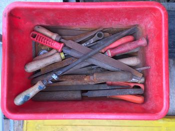 High angle view of work on table