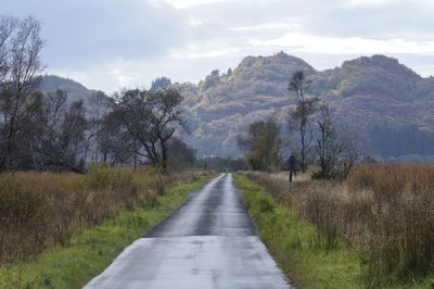 Road amidst trees and mountains against sky