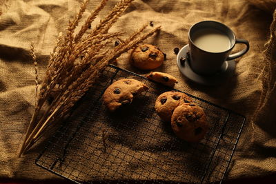 High angle view of cookies on table