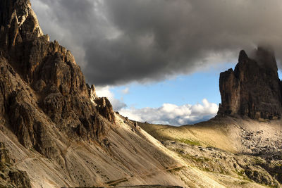 Low angle view of rock formations against sky