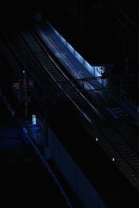 High angle view of illuminated railroad station at night