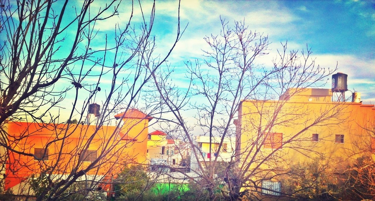 building exterior, architecture, built structure, bare tree, sky, low angle view, tree, church, branch, religion, cloud - sky, house, outdoors, tower, blue, cloud, place of worship, building, no people