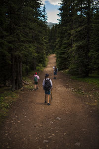 Father and two teen sons walking on trail after fishing in the canadian rockies