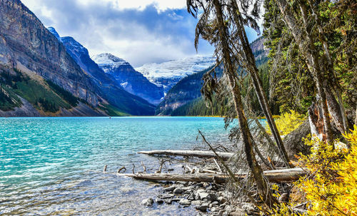 Scenic view of lake and mountains against sky