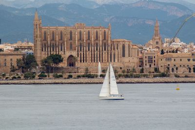 Sailboats in sea against buildings in city