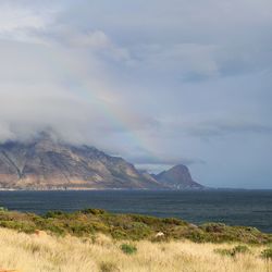 Scenic view of sea and mountains against sky