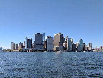 Sea and cityscape against clear blue sky