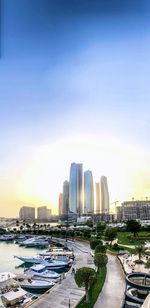 Panoramic view of city buildings against sky during sunset