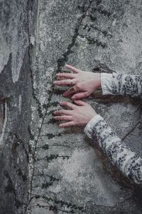 Close-up of hand touching tree trunk against wall