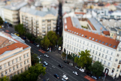 High angle view  of rooftops and a boulevard in budapest with tilt-shift effect in overcast weather