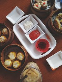 High angle view of breakfast on table