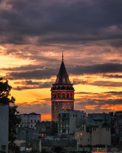 View of buildings against cloudy sky at sunset