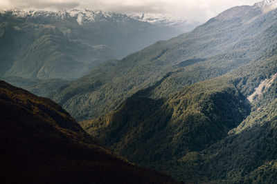 Scenic view of mountains against sky during sunset