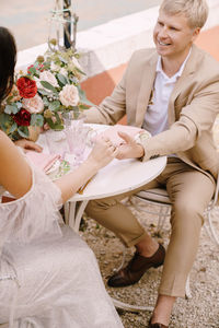 Smiling couple on date at cafe