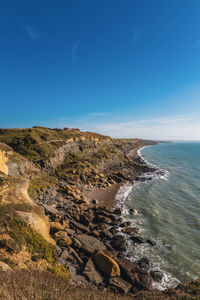 Scenic view of sea against clear blue sky