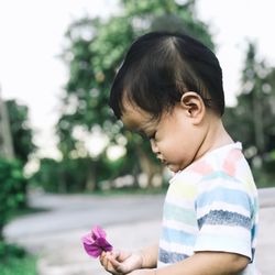 Side view of boy on red flowering plants