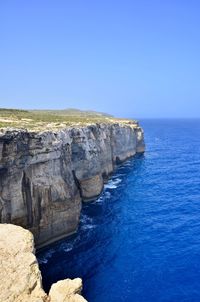 Rock formations by sea against clear blue sky