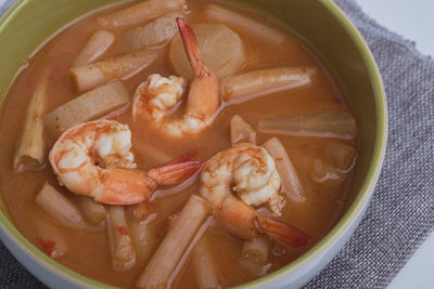 High angle view of soup in bowl