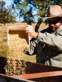 Midsection of man in farm