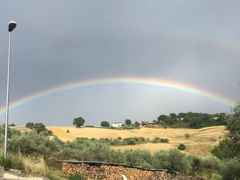 Scenic view of rainbow over trees on field against sky