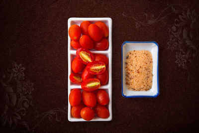 High angle view of breakfast served on table