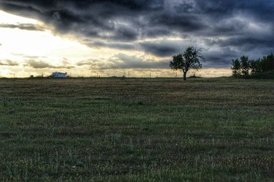 Scenic view of grassy field against cloudy sky
