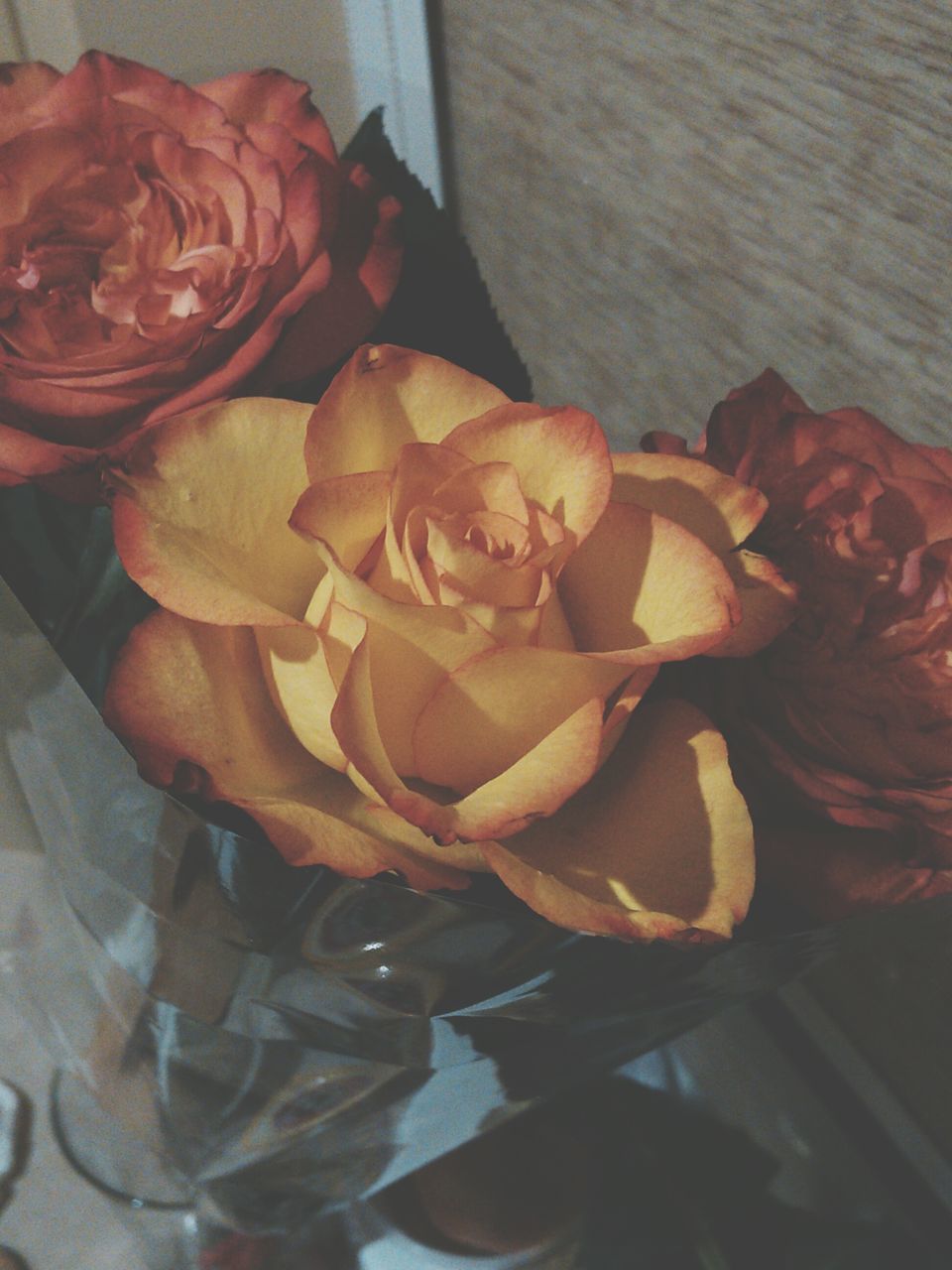 indoors, flower, freshness, rose - flower, close-up, petal, table, still life, high angle view, fragility, no people, flower head, vase, rose, orange color, art and craft, art, home interior, creativity, day