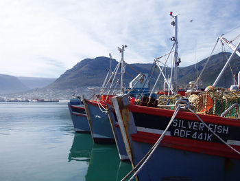 Boats moored at harbor against sky