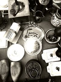 High angle view of wine glasses on table