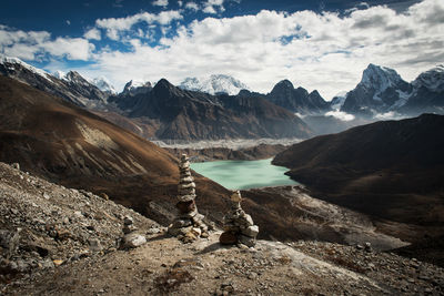 Scenic view of mountains and lake against sky