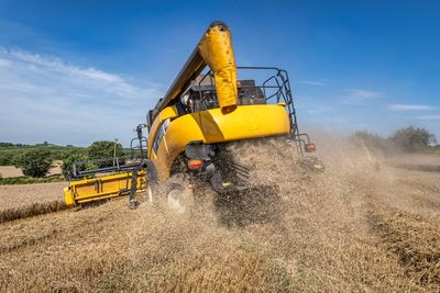 Yellow machinery on field by road against sky