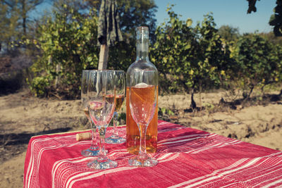 Wine bottles on table against trees