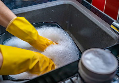 High angle view of person preparing food