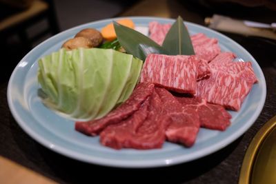 High angle view of food in plate on table