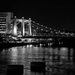 Suspension bridge over river at night