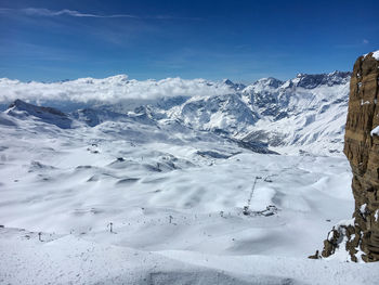 Scenic view of snowcapped mountains against sky