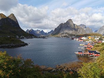 Scenic view of lake and mountains against sky