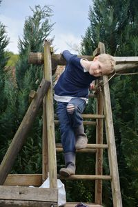 Portrait of boy standing on ladder against trees