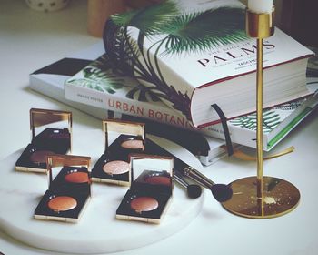 High angle view of books on table