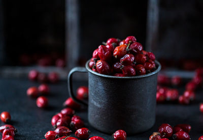 Dried rosehip fruits on the table